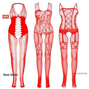 Fishnet Bodysuits Set of 3 Red Lingerie Sleepwear Y2K Retro Date Night
